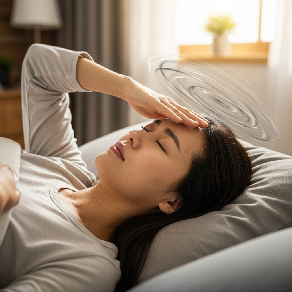 A Korean woman lying in bed experiencing dizziness, with a subtle spinning effect in the background. She's holding her head with one hand, appearing uncomfortable. Soft bedroom lighting, natural morning light through window. Realistic lifestyle photography, no text.