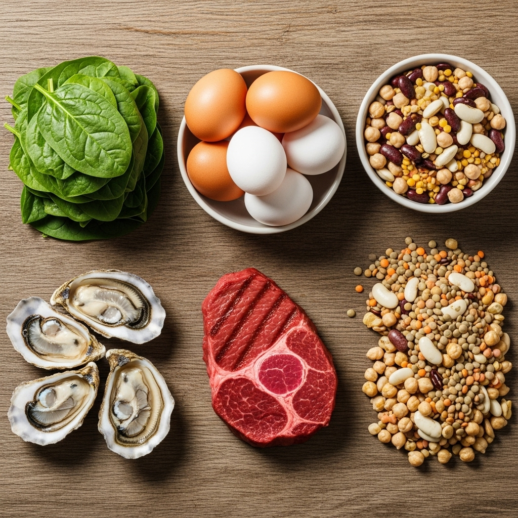 A colorful arrangement of iron-rich foods on a wooden table: fresh spinach, eggs, red meat, oysters, and legumes. Natural daylight from above, fresh and appetizing presentation. Clean infographic style, no text.