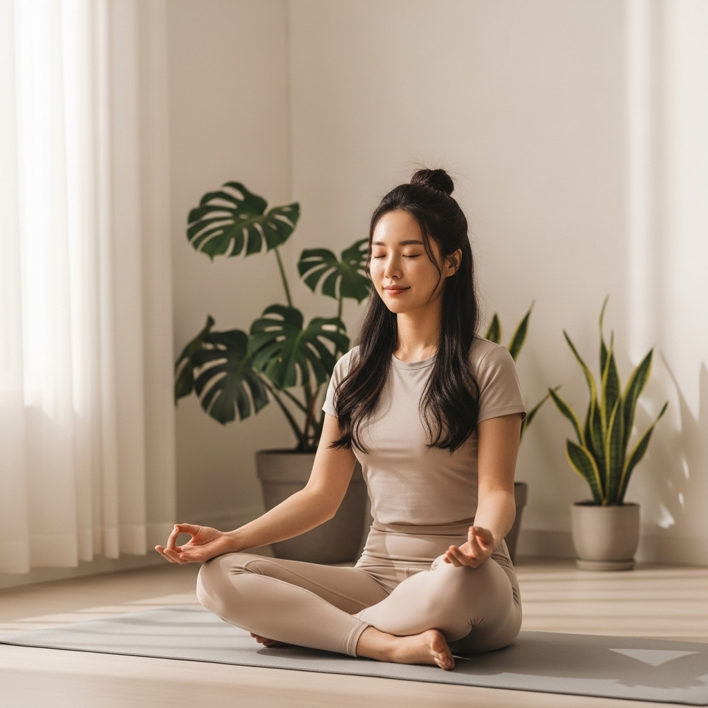 A Korean woman in a peaceful meditation pose on a yoga mat in a calm, minimalist room. Soft natural light, plants in background, serene atmosphere. Lifestyle photography with warm, calming tones, no text.
