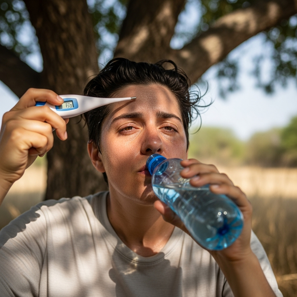 A person checking temperature with a thermometer while drinking water or electrolyte drink, sitting in shade, looking tired but conscious. Realistic medical scenario, natural daylight, no text.