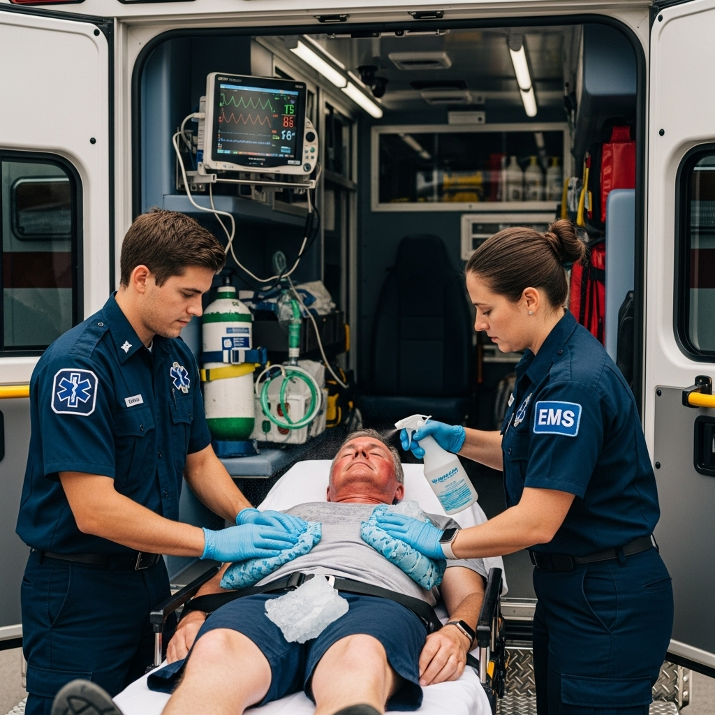Emergency medical team in uniform assisting a person with heatstroke, cooling them with ice packs and water, inside an ambulance or shaded area. Professional medical response scene, realistic details, no text.