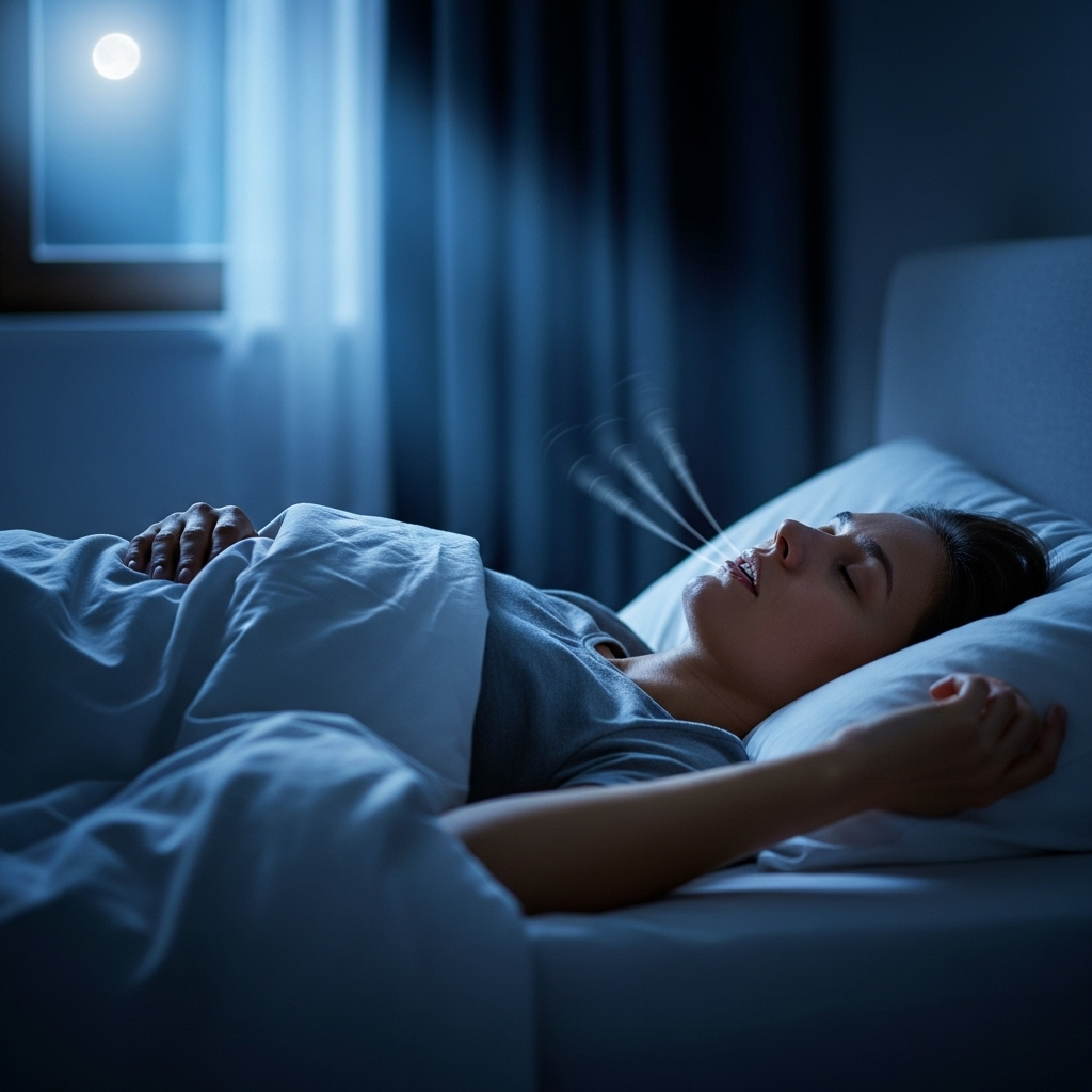 A peaceful bedroom at night with a person sleeping on their back, visible sound waves emanating from their mouth indicating snoring. Soft moonlight through the window, rumpled bedding, relaxed facial expression. Style: lifestyle photography with subtle blue tones. No text.