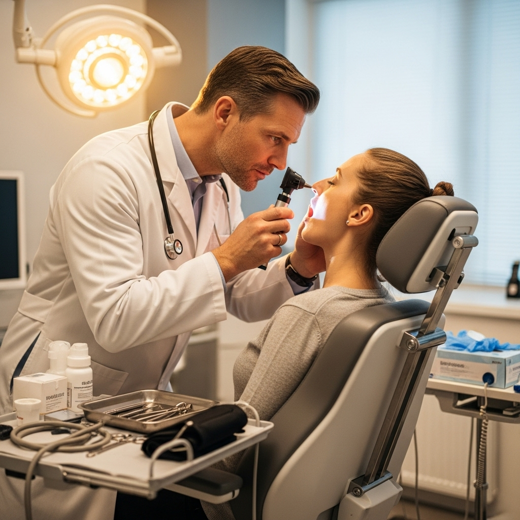 A doctor examining a patient's throat and nasal passage using an otoscope in a modern clinic. Patient sitting in examination chair, warm clinical lighting, medical instruments visible on side table. Style: realistic medical photography. No text.