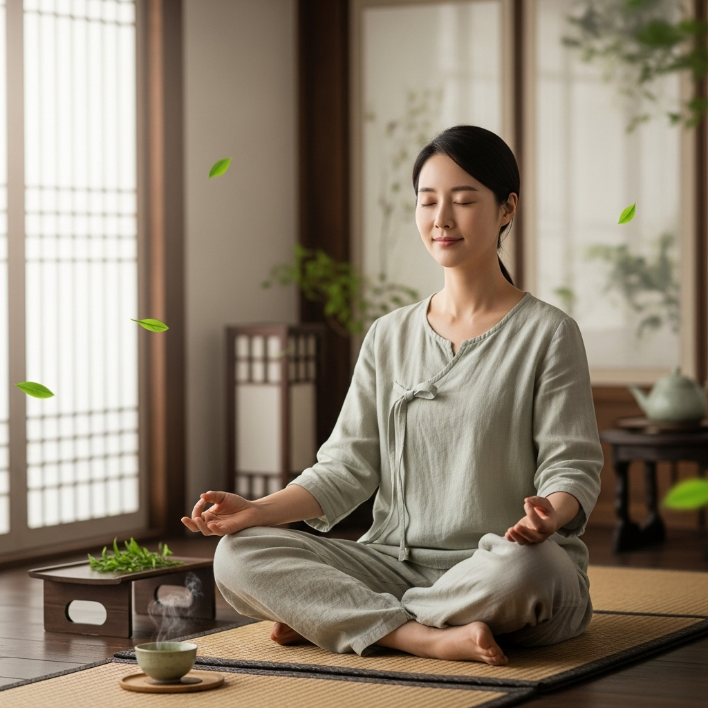 A calm Korean woman meditating in a serene environment, with subtle green tea leaves in the background. Lifestyle photography, soft natural light, no text.