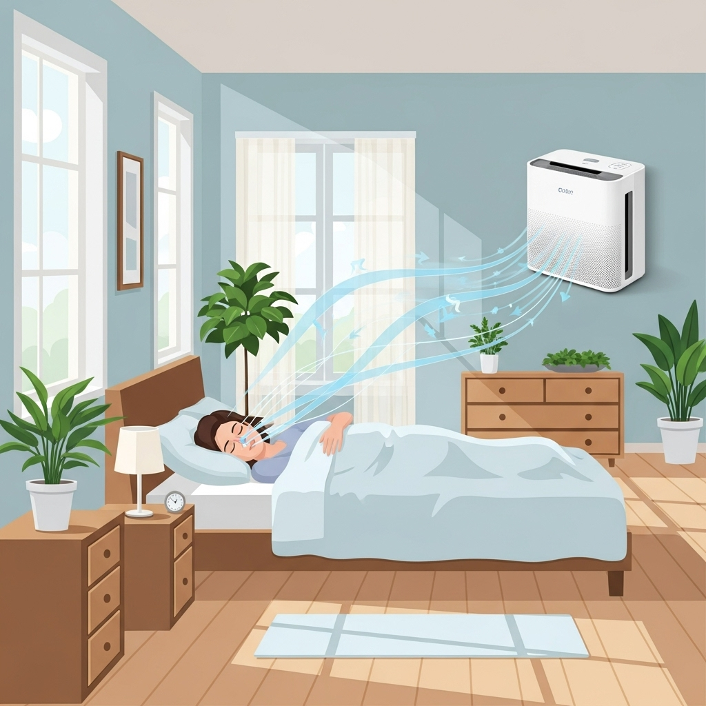 A modern bedroom with an air purifier operating, clean air flow visualization, person sleeping peacefully with clear nasal passages. Fresh, bright atmosphere with natural elements like plants. Style: clean infographic with lifestyle elements. No text.
