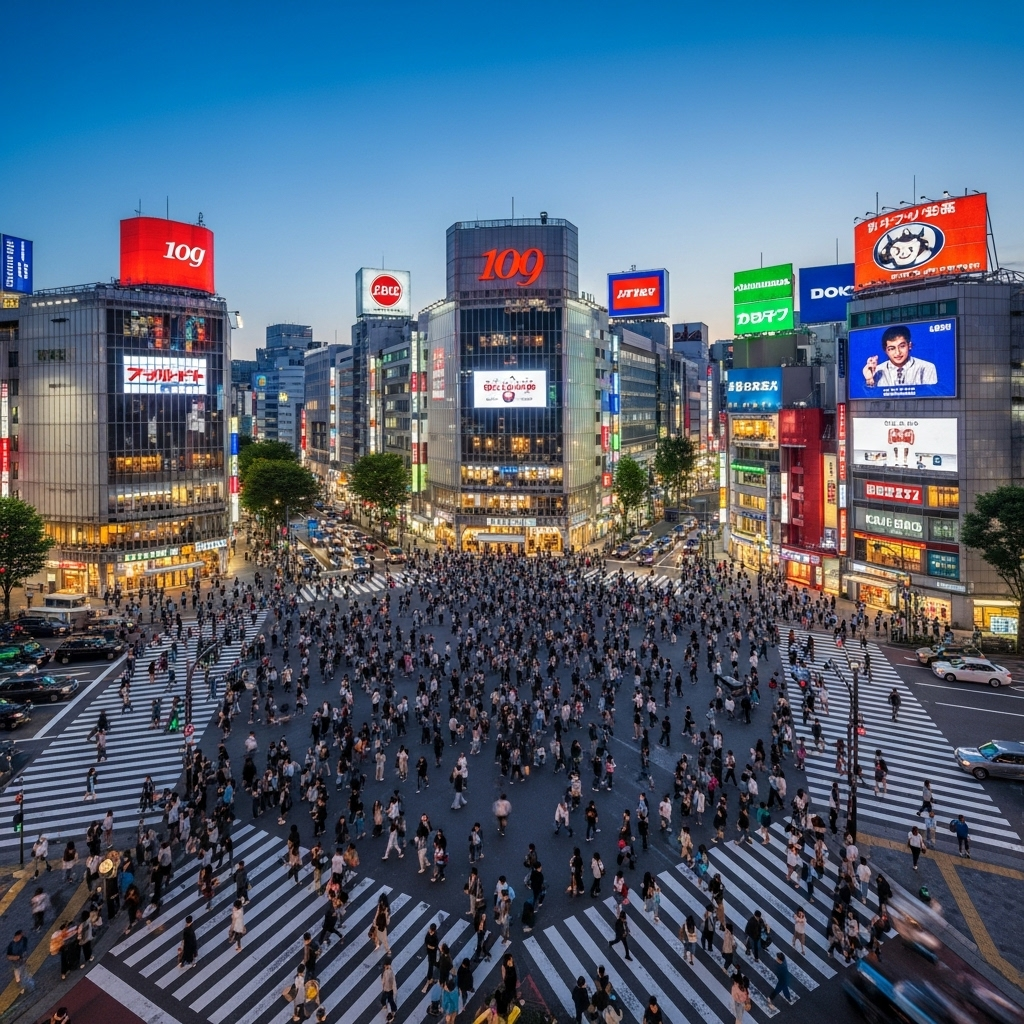 Vibrant aerial view of Shibuya Crossing in Tokyo at dusk, with thousands of pedestrians crossing the iconic intersection, neon signs glowing, bustling urban energy, natural evening lighting, no text