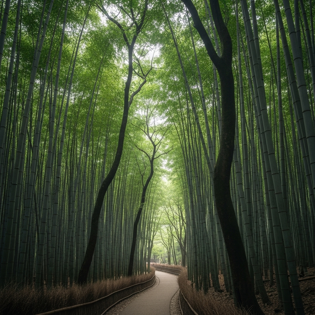 Serene pathway through dense bamboo forest in Arashiyama, Kyoto, with soft natural light filtering through tall bamboo stalks, peaceful atmosphere, traditional Japanese landscape, no text