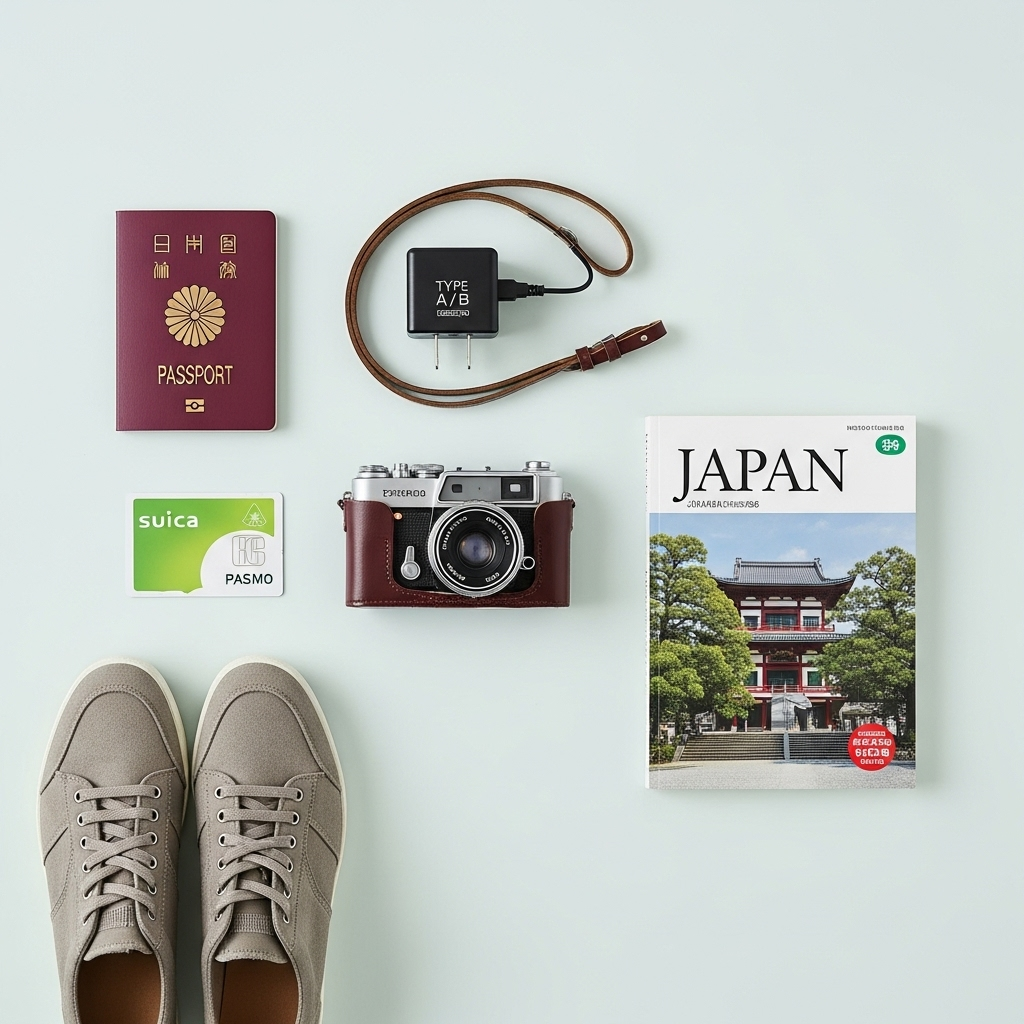 Flat lay of essential travel items for Japan trip including passport, travel adapter, IC card, camera, comfortable shoes, and guidebook, organized neatly on light background, clean infographic style, no text