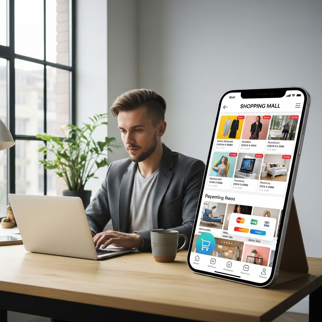 A modern entrepreneur working on a laptop with a smartphone displaying a sleek mobile shopping mall interface. The screen shows colorful product displays, shopping cart icons, and payment buttons. Clean, professional workspace with natural lighting and a minimalist aesthetic. No text.
