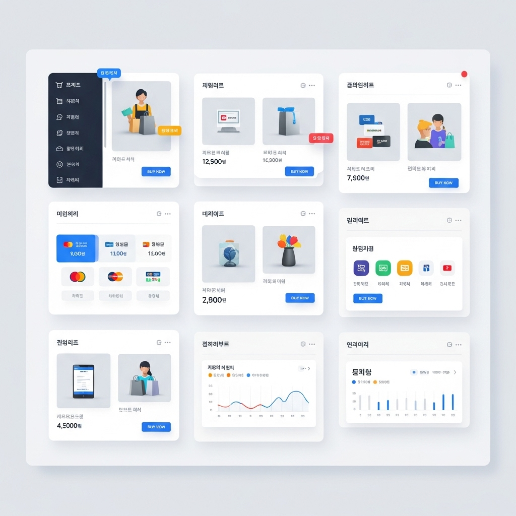 A clean dashboard interface showing various e-commerce templates and widgets. Display colorful shopping-related icons, product cards, payment options, and inventory management tools arranged in a grid layout. Modern, professional design with Korean interface elements visible. No text.
