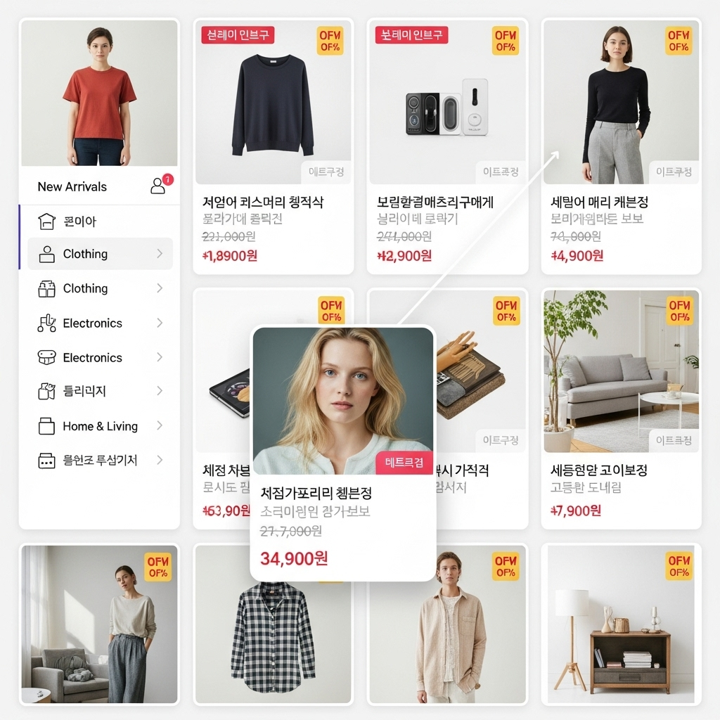 A mobile shopping interface showing product listings with high-quality images, categories sidebar, price tags, and discount badges. Multiple product cards displayed in a grid layout with zoom-in product detail view. Clean, organized structure with Korean text elements. No text.