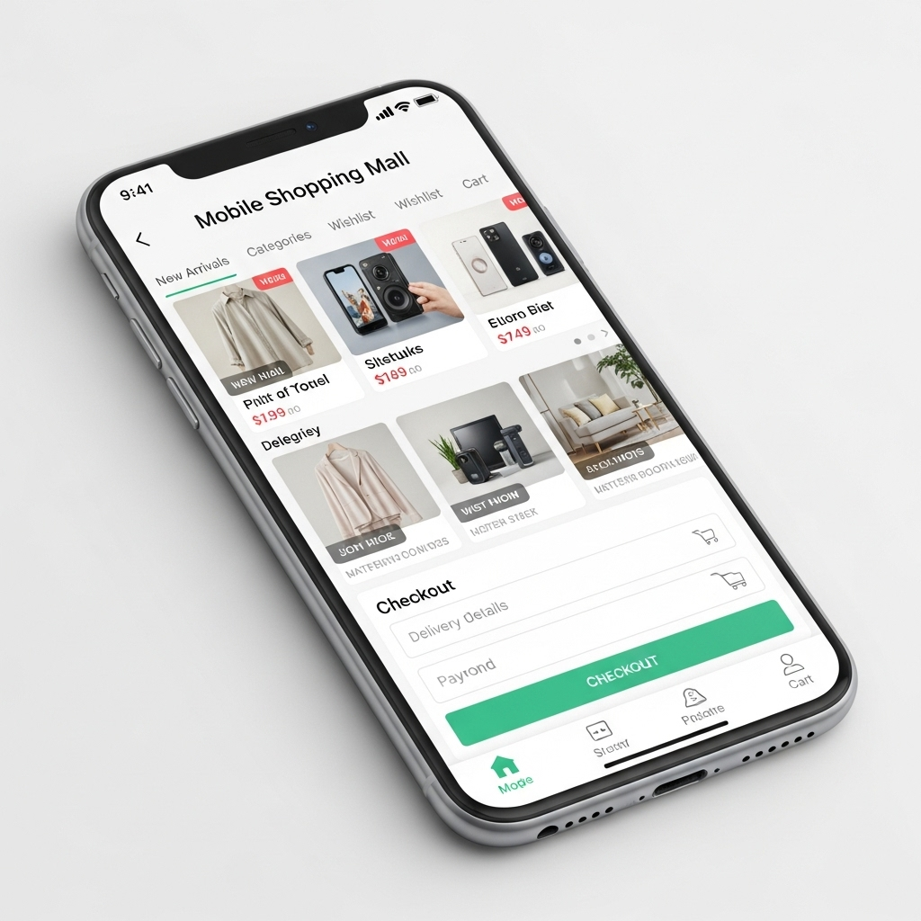 A smartphone screen displaying an optimized mobile shopping mall with touch-friendly buttons, fast-loading images, smooth navigation menu, and streamlined checkout process. Clean layout with proper spacing and readable text. User-friendly interface design. No text.