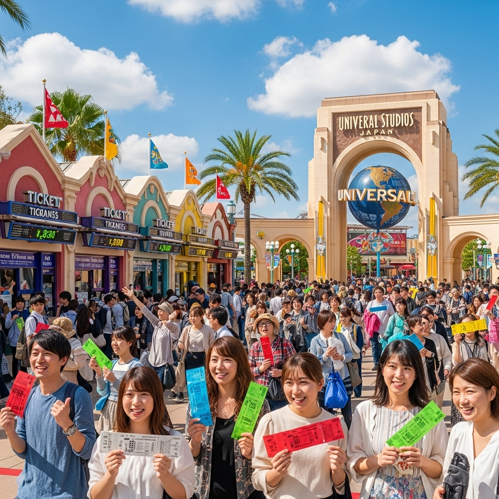 Vibrant scene of Universal Studios Japan entrance with colorful ticket booths and diverse visitors holding different colored admission tickets, bright daylight, festive atmosphere, wide angle view, no text