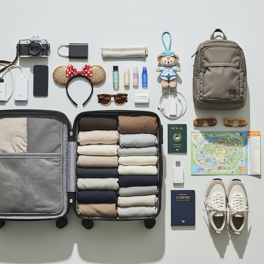 Organized travel packing scene with luggage, essentials, and theme park items neatly arranged, Korean traveler preparing for Japan trip, bright natural lighting, lifestyle photography style, no text