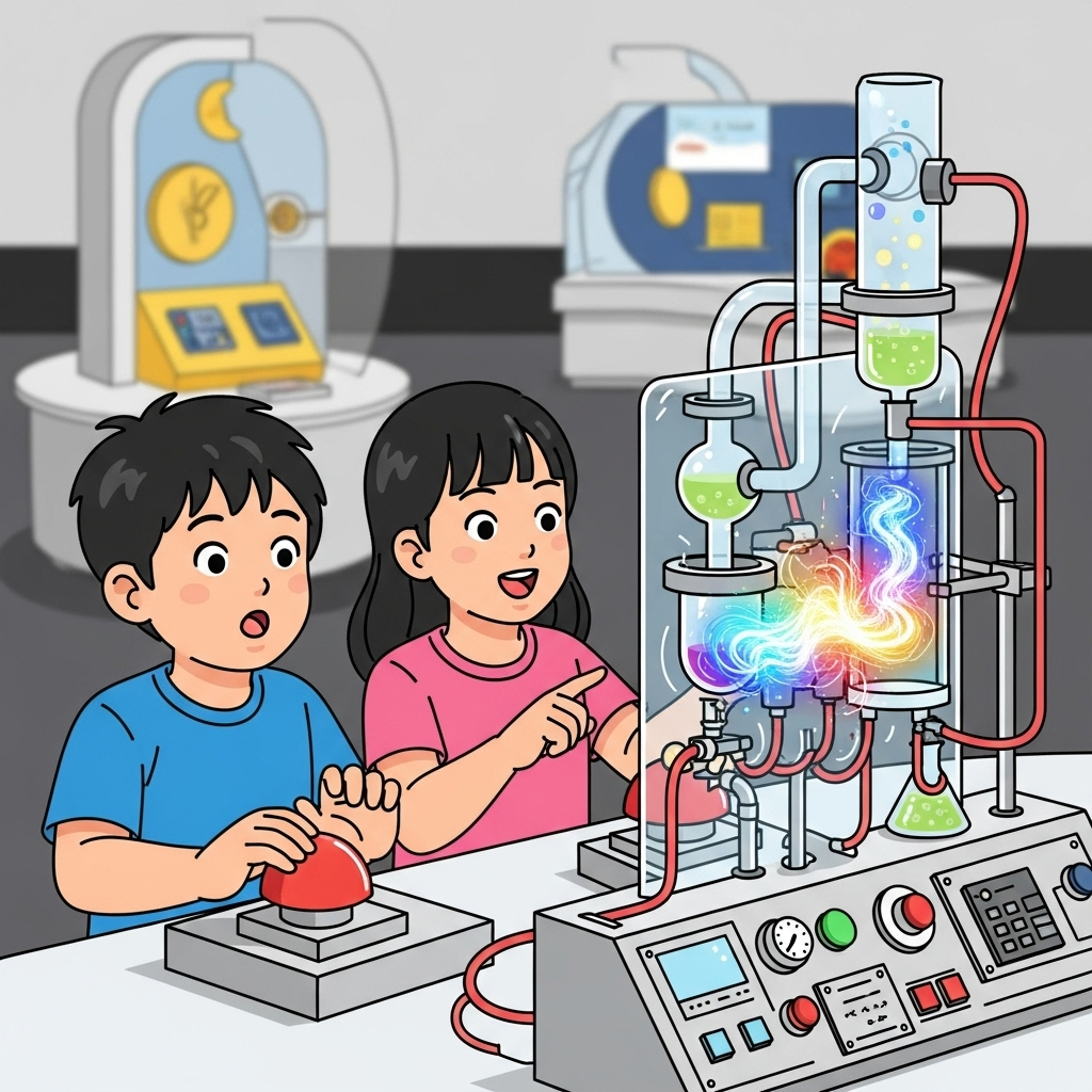 Two Korean children, a boy and a girl, excitedly participating in an interactive science experiment at a children's science museum. They are pressing buttons and observing a reaction with colorful lights and clear scientific equipment. The background shows other interactive exhibits. Clean infographic style, no text.