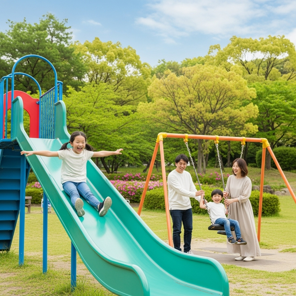 A Korean family (parents and two children) joyfully playing and running in a spacious, green Higashida-mori Park. One child is going down a large slide while the other is on a swing, with parents smiling nearby. Lush trees and flowers are in the background under a bright, sunny sky. Lifestyle photography, no text.