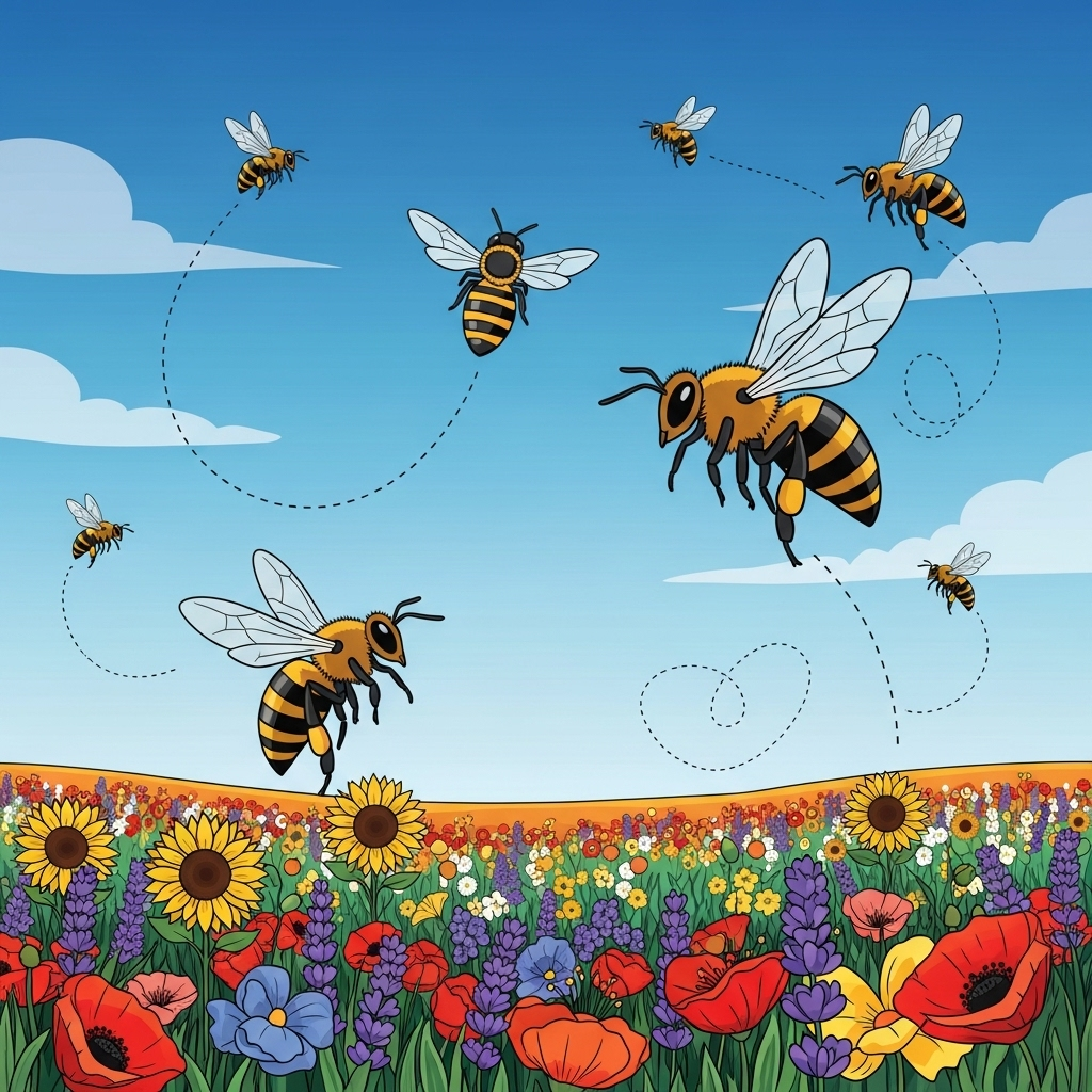 A vibrant illustration of honeybees flying towards a colorful flower field, with a clear blue sky in the background. The bees are in various flight poses, showing their journey. Clean infographic style, no text.