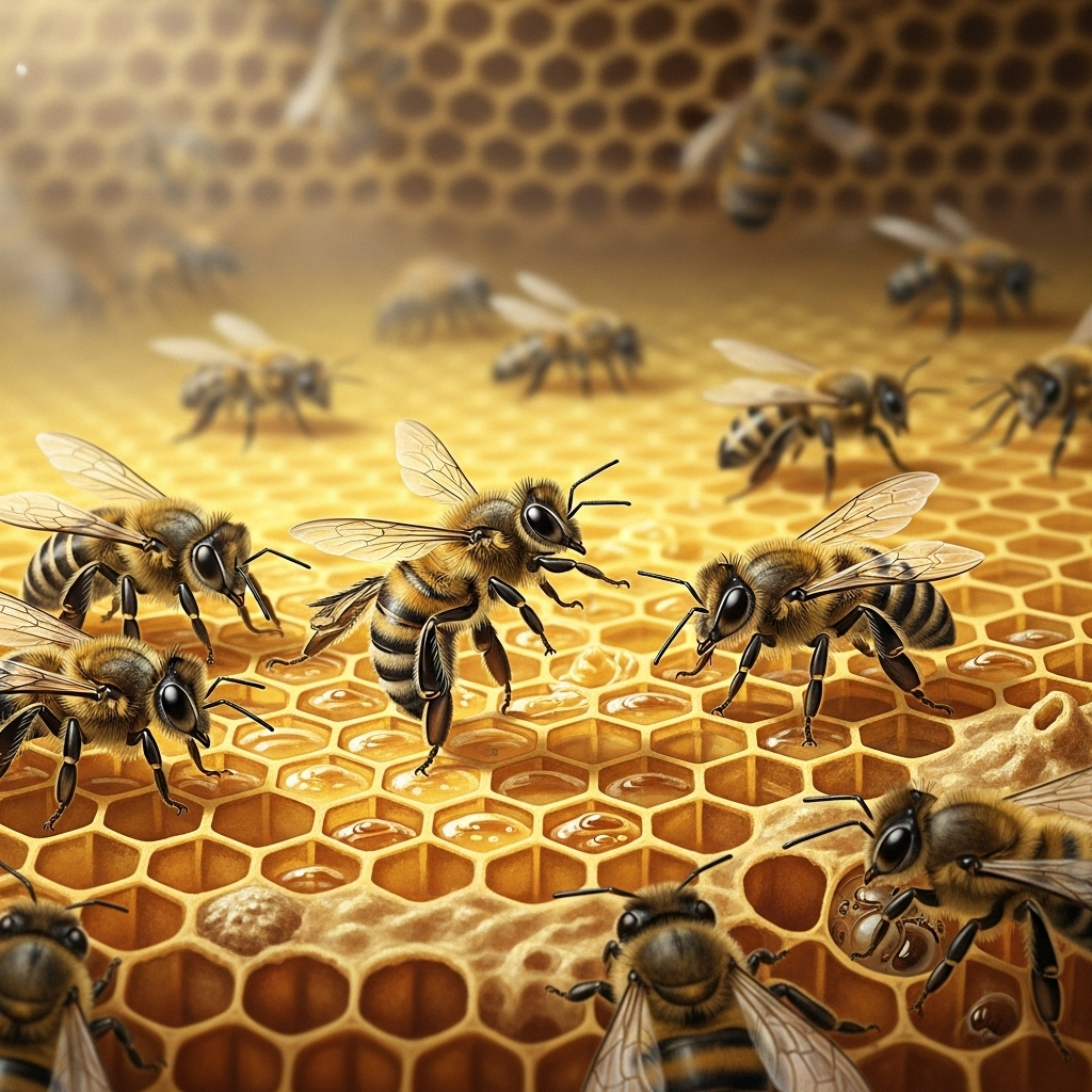 An illustration showing several honeybees inside a honeycomb, with one bee performing a "waggle dance" or "round dance" to communicate with others. The interior of the beehive is visible. Natural lighting, no text.