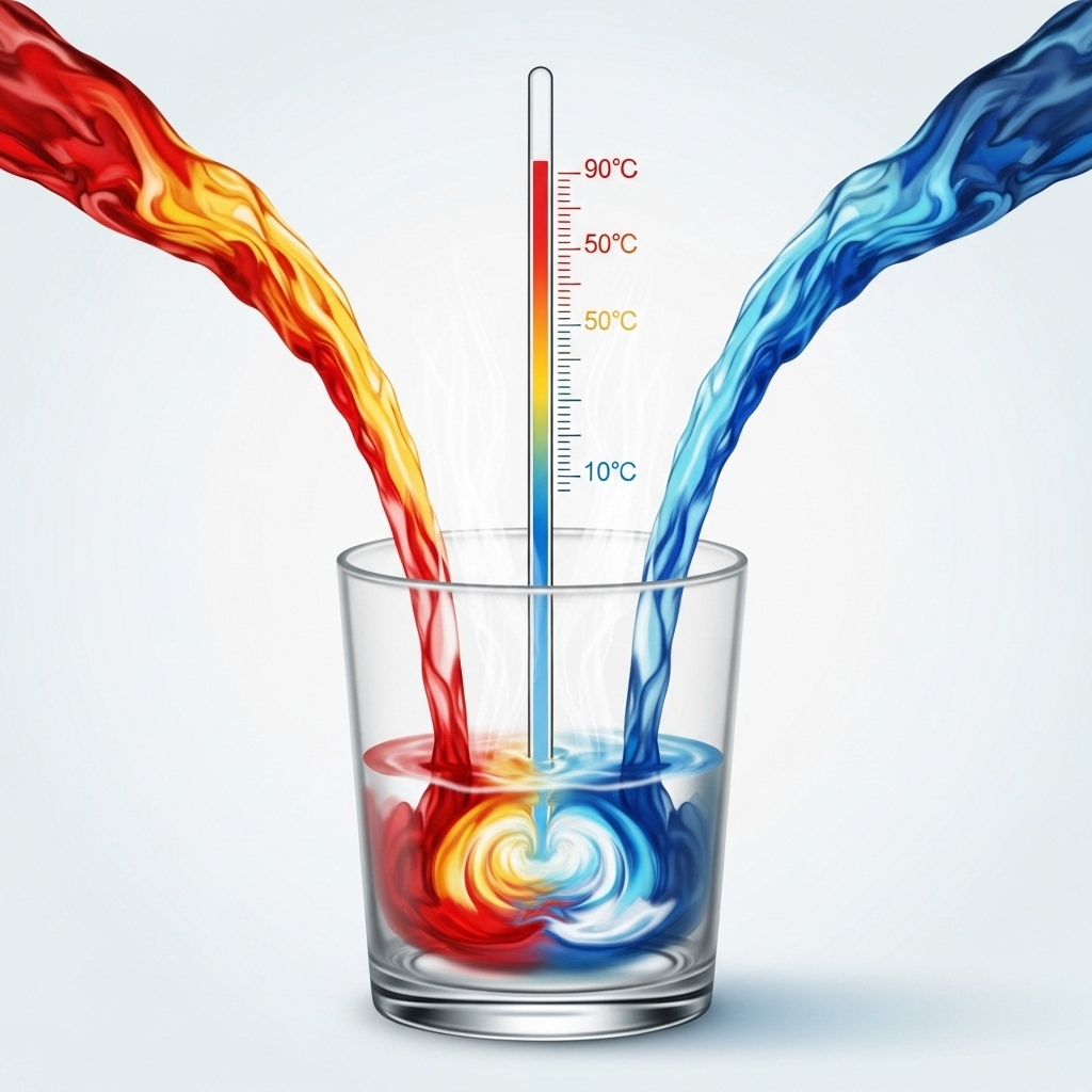 A clean infographic showing a glass of hot water being mixed with cold water, creating visible steam and swirling patterns. Highlight the temperature contrast with warm and cool color gradients. Include a thermometer showing different temperatures. Natural lighting, minimalist style, no text.