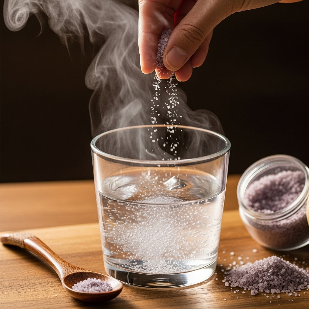 A close-up lifestyle photograph of a hand sprinkling bamboo salt into a glass of mixed hot and cold water. Show the salt dissolving with visible steam rising. Include a small wooden spoon and a container of salt nearby. Warm, inviting lighting, no text.