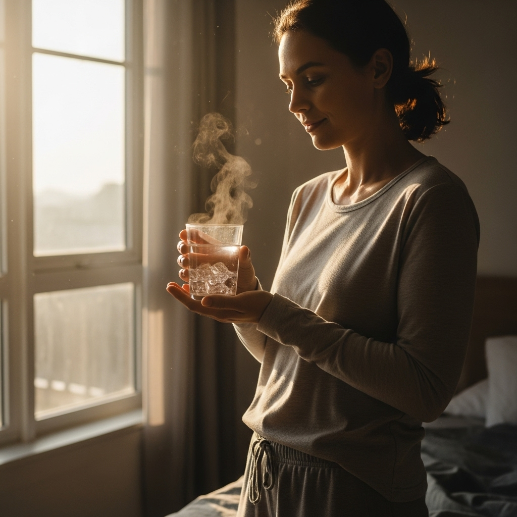 A serene morning scene of a person in light clothing standing by a window with natural sunlight, holding a glass of mixed hot and cold water. Show a peaceful expression and calm bedroom atmosphere. Soft, warm lighting suggesting early morning. No text.