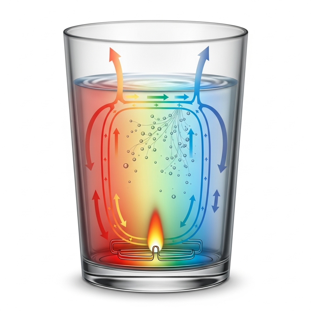 A scientific infographic showing the convection process of hot and cold water mixing in a glass. Display temperature gradients with arrows indicating water movement and circulation patterns. Include subtle molecular visualization. Clean, educational style, no text.