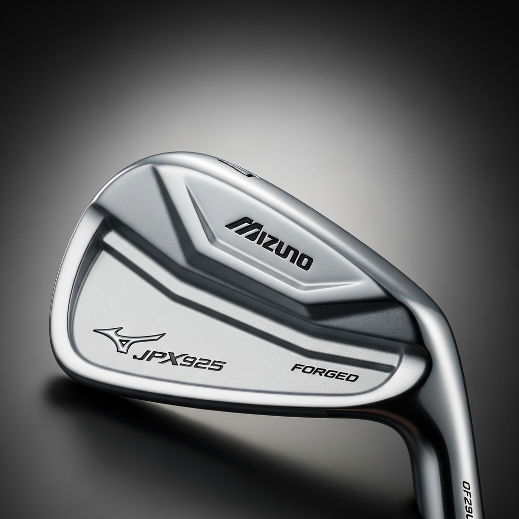 A close-up, detailed studio shot of a Mizuno JPX925 forged iron head, showcasing its intricate design, sleek lines, and polished finish. Emphasize the craftsmanship. Clean product photography. No text.