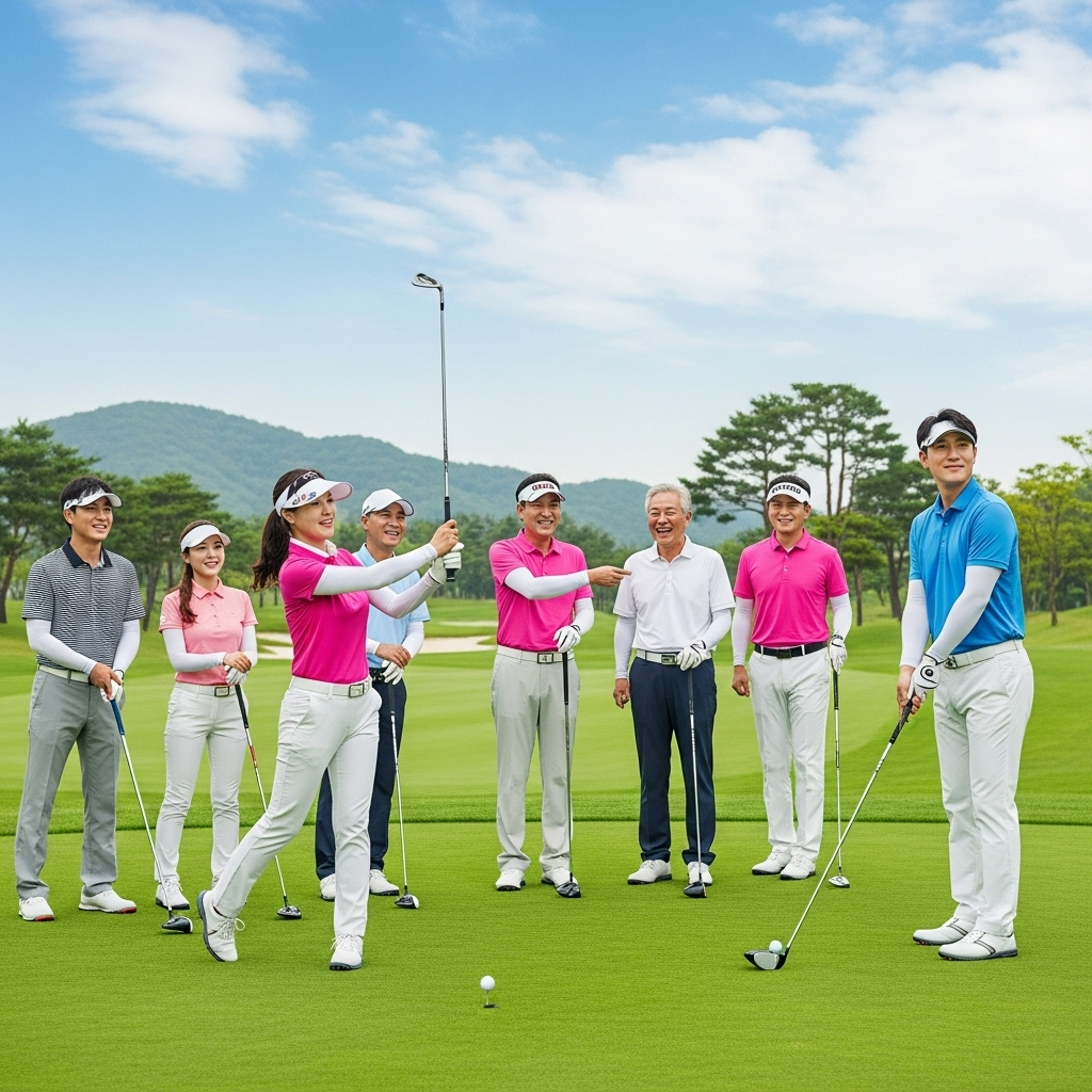 A diverse group of Korean golfers of varying ages (men and women) enjoying a round of golf on a sunny day. They are smiling, engaged in conversation, and some are preparing to swing. The background shows a beautifully maintained golf course. Lifestyle photography. No text.