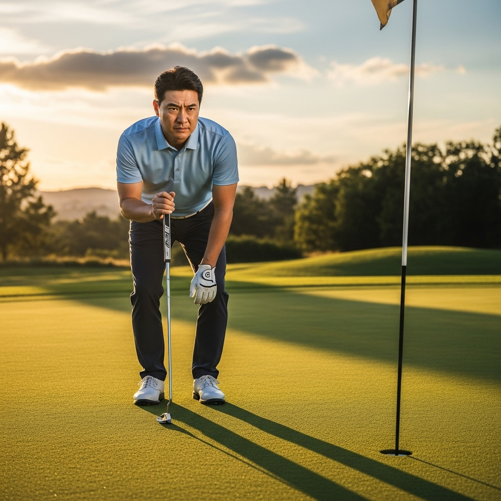 A Korean male golfer in his 40s, dressed in modern golf attire, carefully reading the putting line on a pristine green. He holds a golf club, and the setting sun casts long shadows, creating a focused atmosphere. Lifestyle photography. No text.