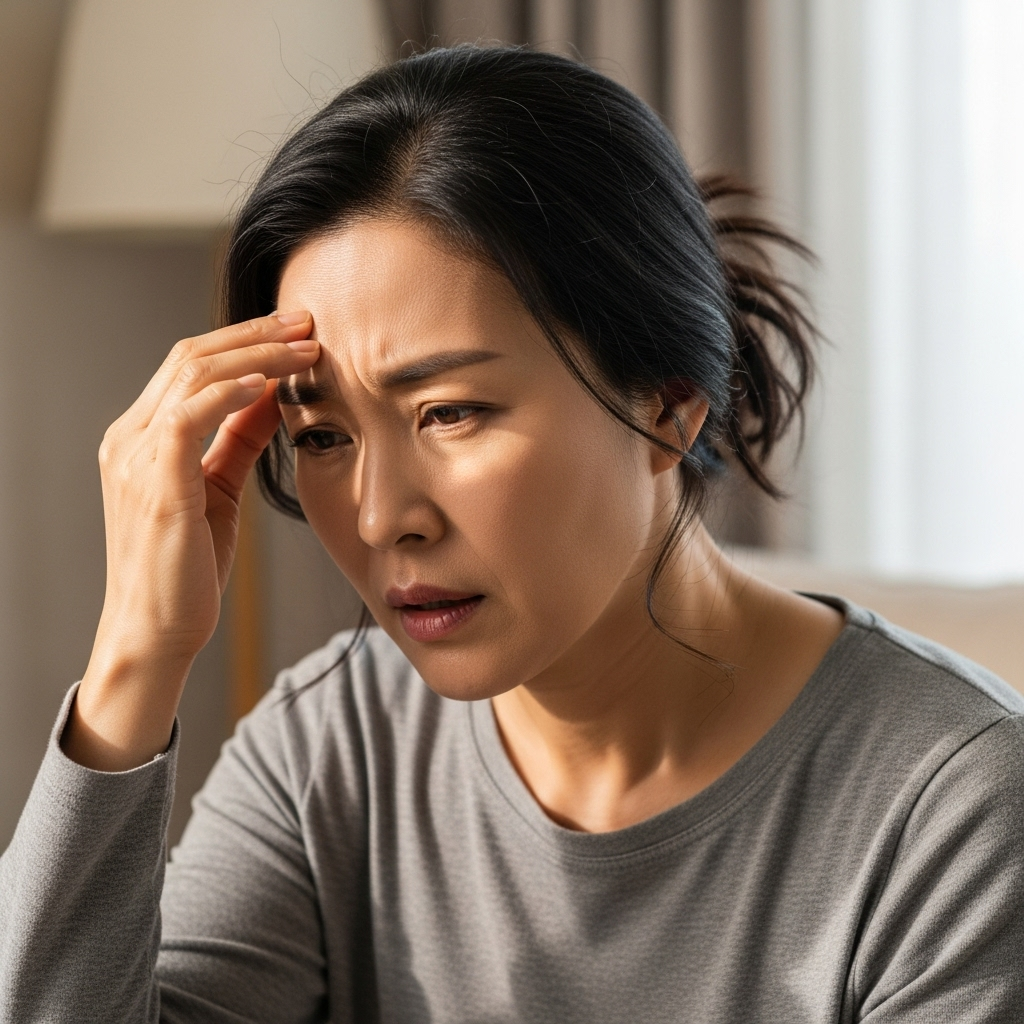 A middle-aged Korean woman touching her forehead with a concerned expression, showing signs of discomfort. Warm, natural lighting in a home setting. She's wearing comfortable casual clothing. The atmosphere conveys mild distress and self-awareness. No text.