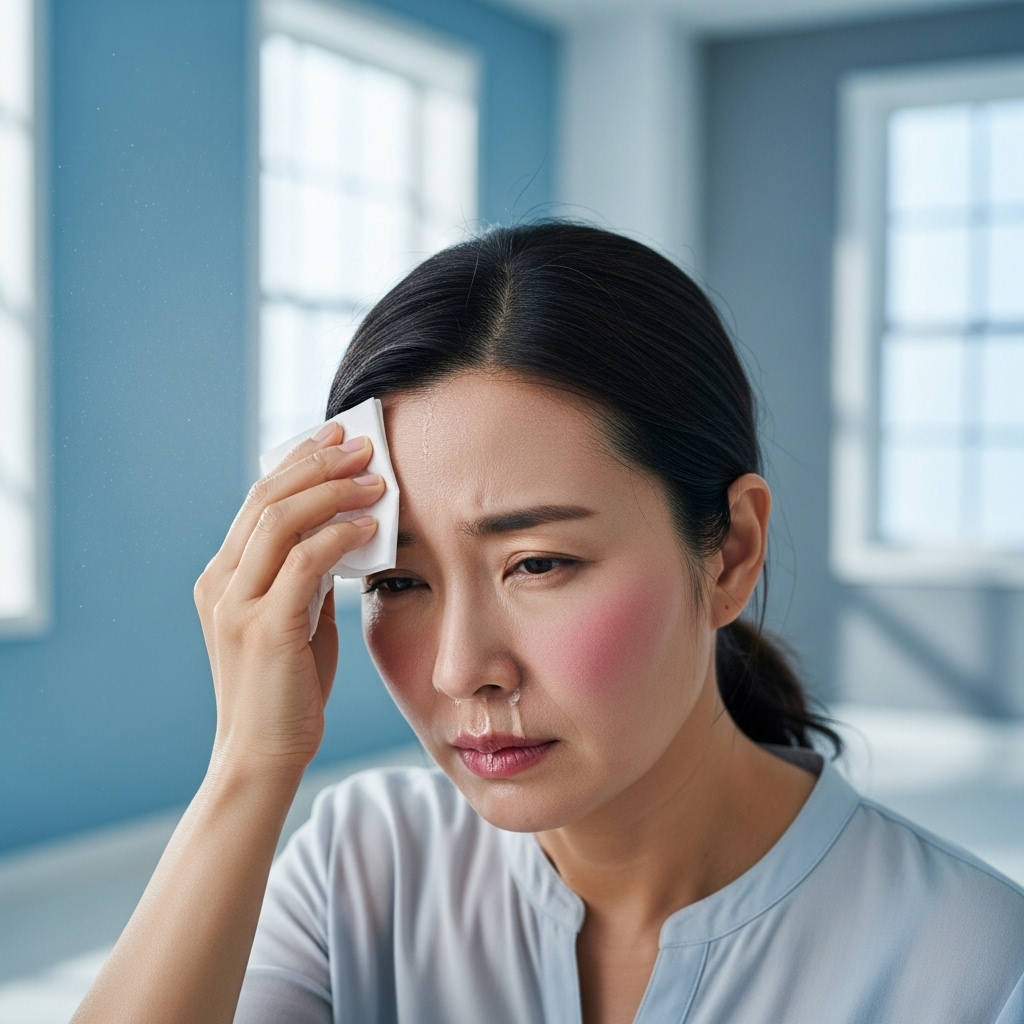 A Korean woman experiencing hot flashes, wiping sweat from her forehead with a tissue. She's in a bright, airy room with cool tones. Her expression shows discomfort. Natural daylight streaming through windows. No text.