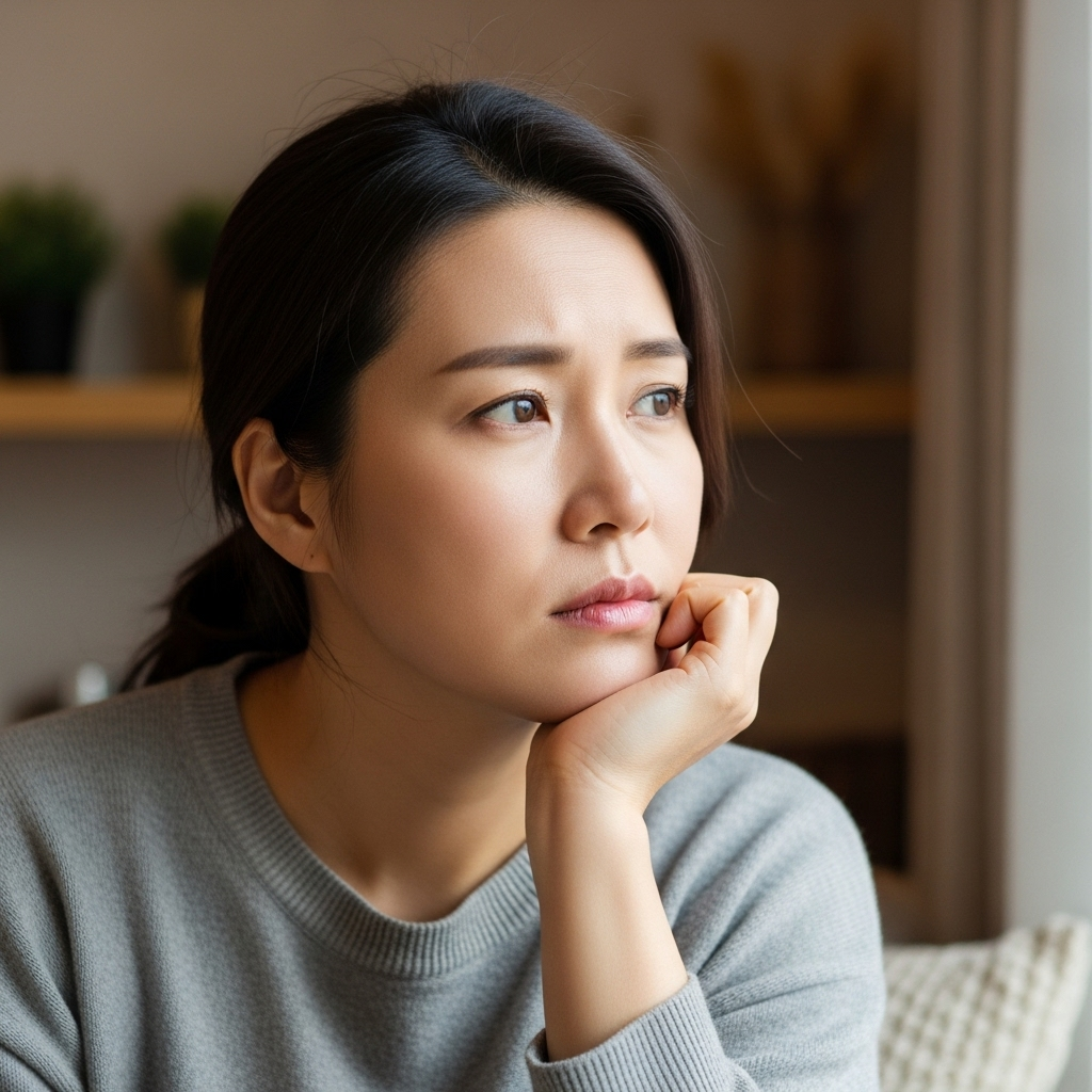A Korean woman sitting by a window, looking contemplative with mixed emotions visible on her face. Soft, natural window lighting. She appears thoughtful yet slightly troubled. Warm, neutral tones in the background. No text.