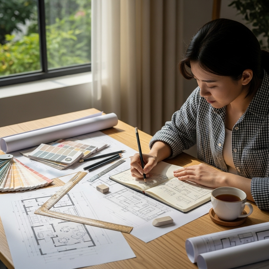A Korean person sketching interior design plans on a notebook with color swatches and floor plan drawings spread on a wooden desk, natural daylight streaming through windows, cozy workspace atmosphere, clean and organized, no text