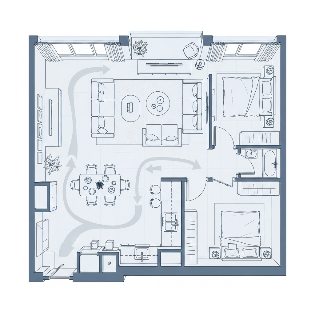 Overhead view of a modern apartment layout with furniture placement, showing traffic flow with arrows, natural lighting, minimalist aesthetic, blueprint-style visualization, no text