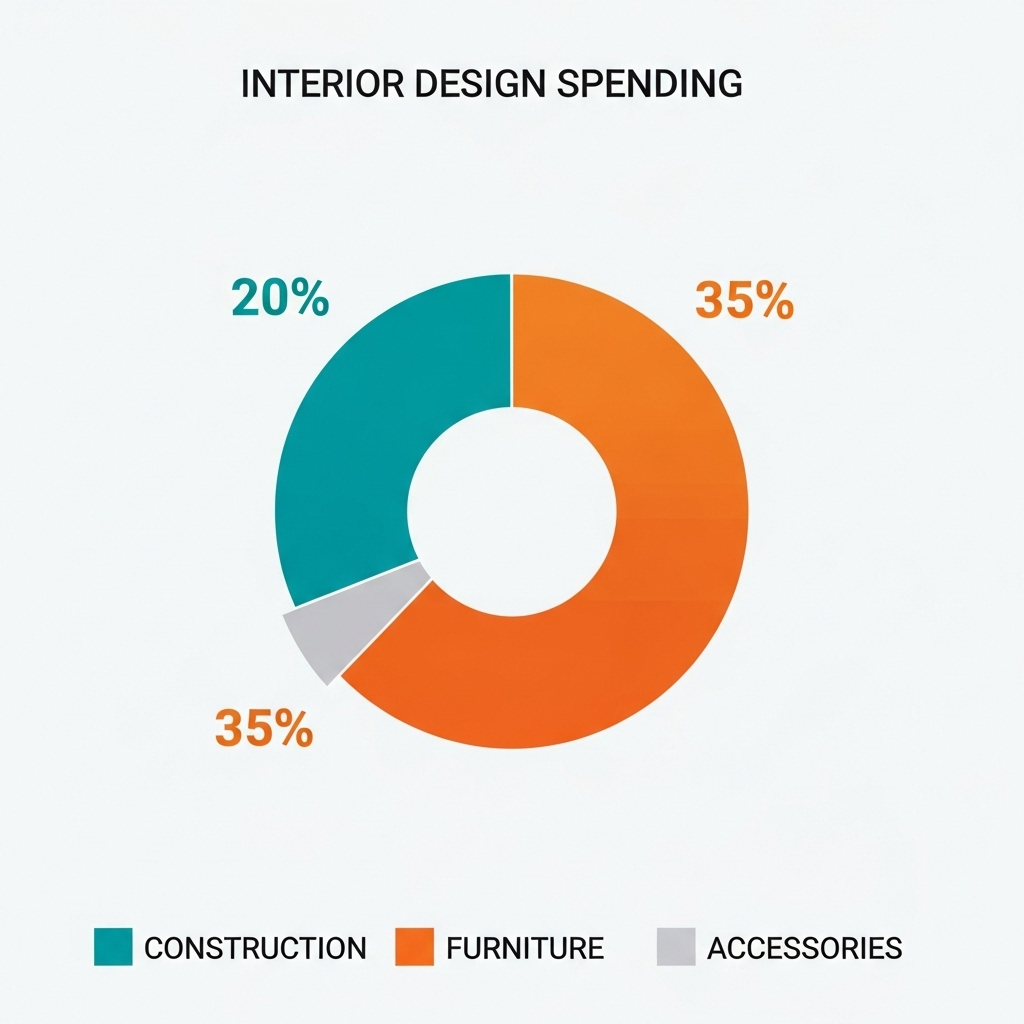 A colorful pie chart or budget breakdown visualization for interior design spending, showing percentages for construction, furniture, and accessories, clean infographic style, modern design, no text