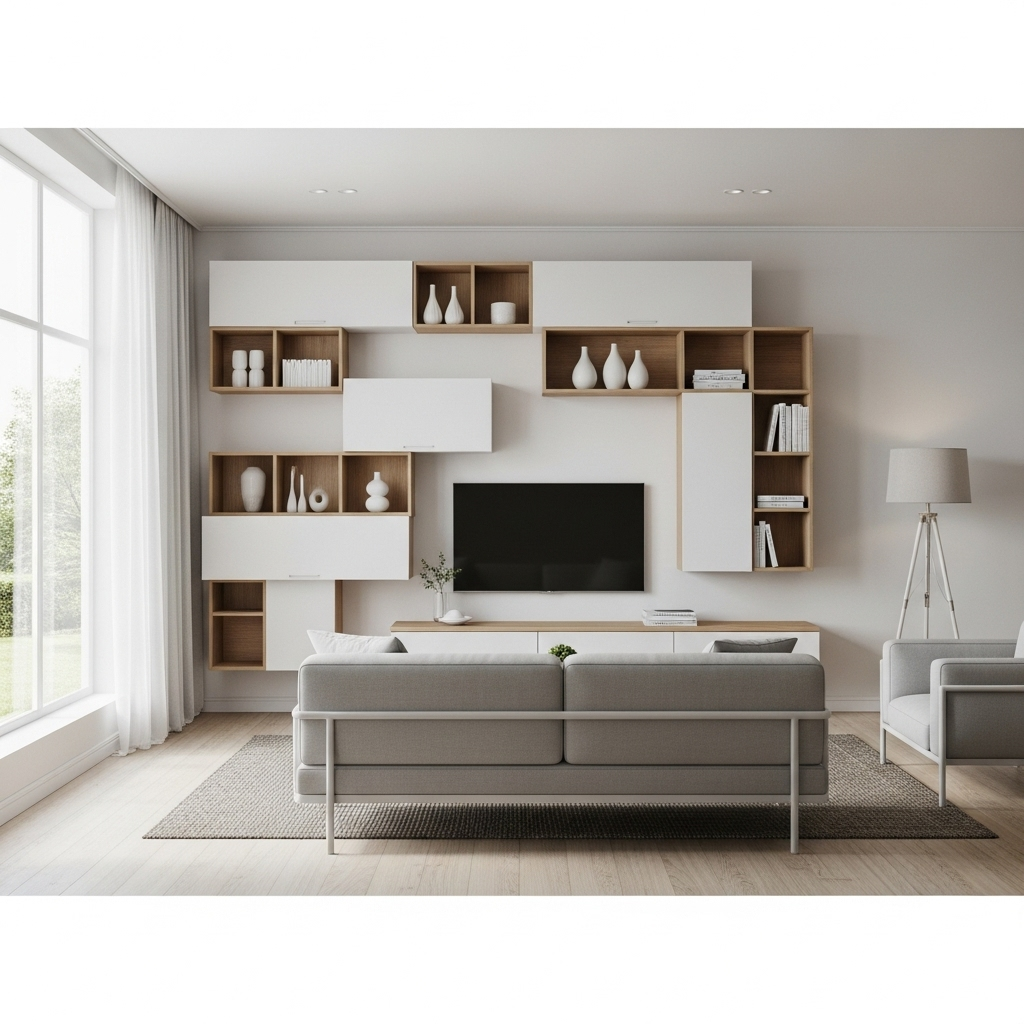 A modern bedroom or living room with smart wall-mounted storage solutions, shelving units, and organizational systems, minimalist Korean interior style, natural lighting, no text
