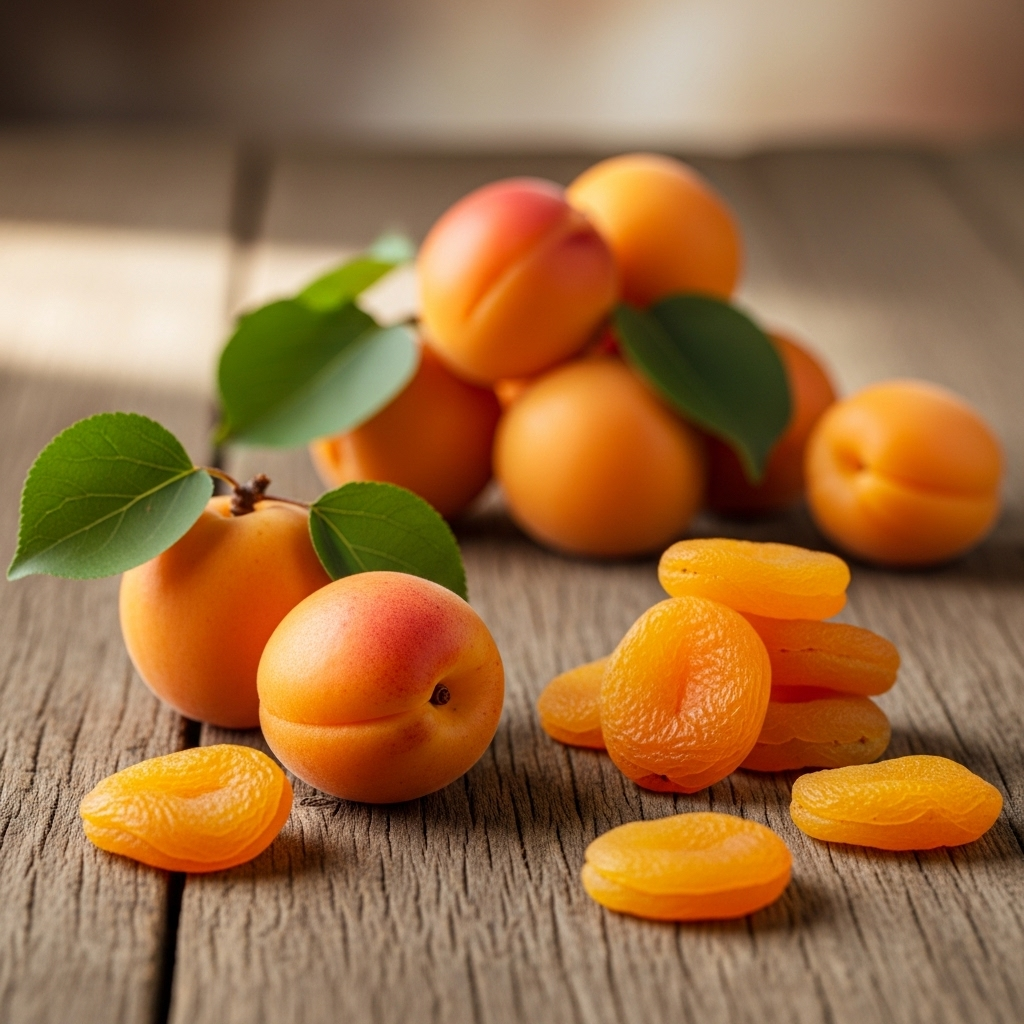 A vibrant still life photograph featuring fresh apricots and dried apricots on a rustic wooden table. The fresh apricots are plump and orange, while the dried apricots are a rich, golden color. The background is softly blurred to emphasize the fruits. Natural lighting, no text, lifestyle photography.