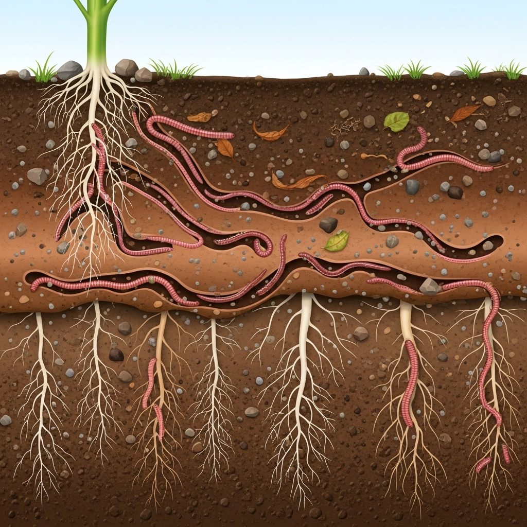 A close-up, clean infographic showing a cross-section of healthy soil with earthworms tunneling through it, making space for air and water. Roots of plants are visible. Emphasize vibrant soil color and active earthworm movement. No text.