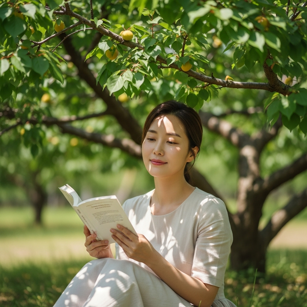 A serene Korean woman is sitting under a lush apricot tree, gently holding a book. Sunlight filters through the leaves, creating a peaceful atmosphere. Her skin looks healthy and radiant. Style: lifestyle photography, no text.