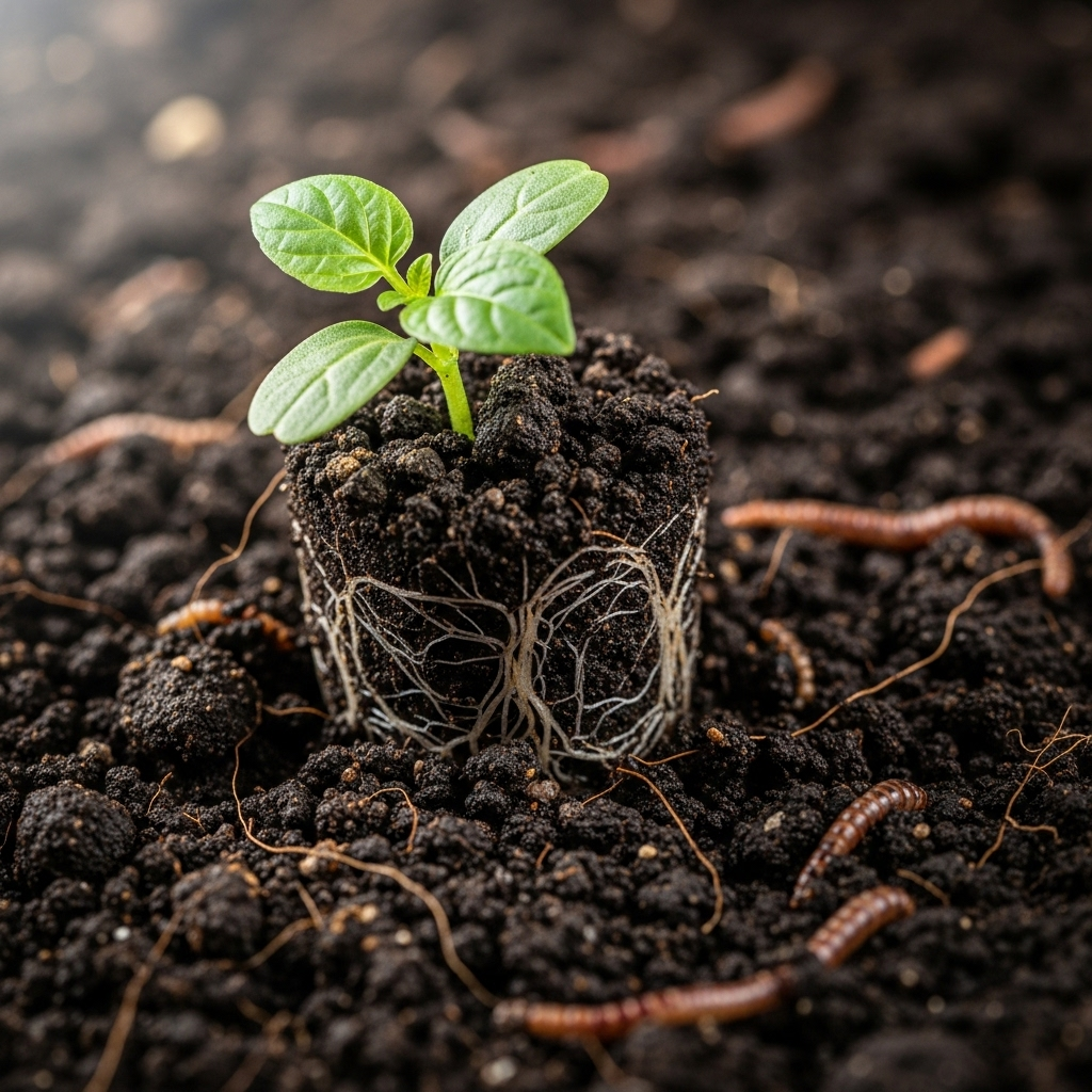 A close-up, realistic lifestyle photography image of rich, dark, fertile soil teeming with earthworm castings and healthy plant roots. A small seedling is growing vigorously. The soil looks moist and well-structured. No text.
