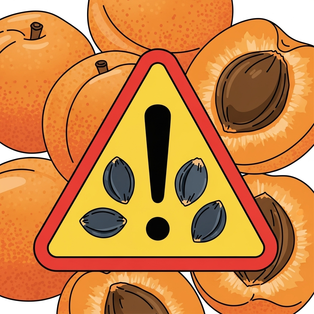 A visually striking infographic-style illustration depicting fresh apricots with a prominent warning sign (like a "stop" or "caution" symbol) overlaid, specifically highlighting the danger of apricot seeds. The seeds are shown in a stark, contrasting color to emphasize their toxicity. Clean lines and bold colors. No text.