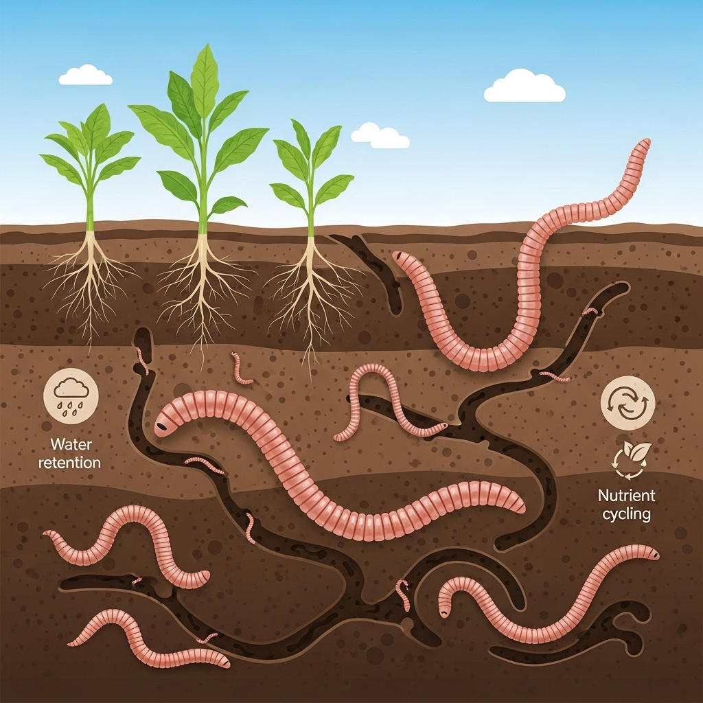 A clean, vibrant infographic showing the benefits of earthworms in agriculture. Depict healthy green crops growing in fertile soil, with visible earthworms and their tunnels. Illustrate concepts like aeration, water retention, and nutrient cycling with subtle icons. No text.