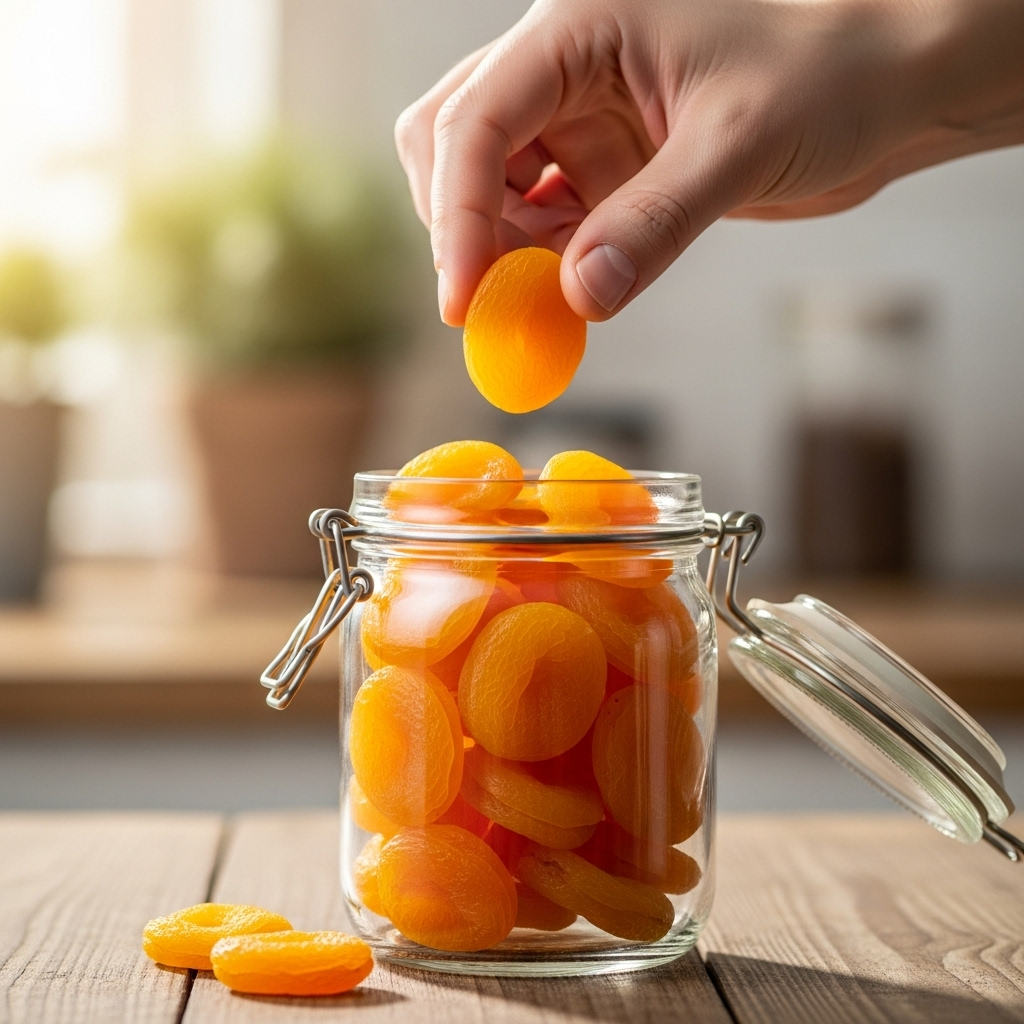 A close-up lifestyle photograph of a glass jar filled with golden dried apricots, next to a hand reaching for one. The setting is bright and inviting, suggesting a healthy snack. Style: lifestyle photography, no text.