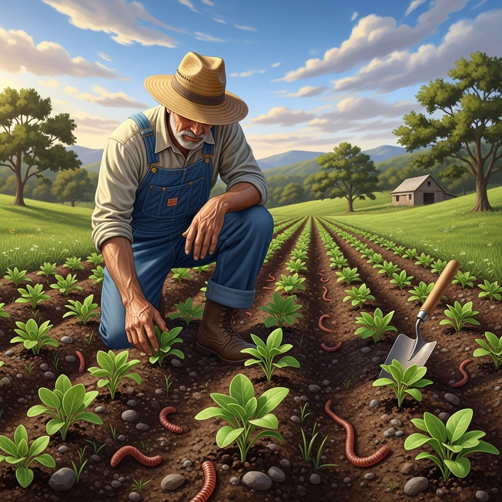 A realistic illustration depicting a sustainable farm scene. A farmer is gently tending to crops without heavy machinery, showing respect for the soil. Healthy earthworms are subtly visible in the rich soil. The overall atmosphere is peaceful and eco-friendly. No text.