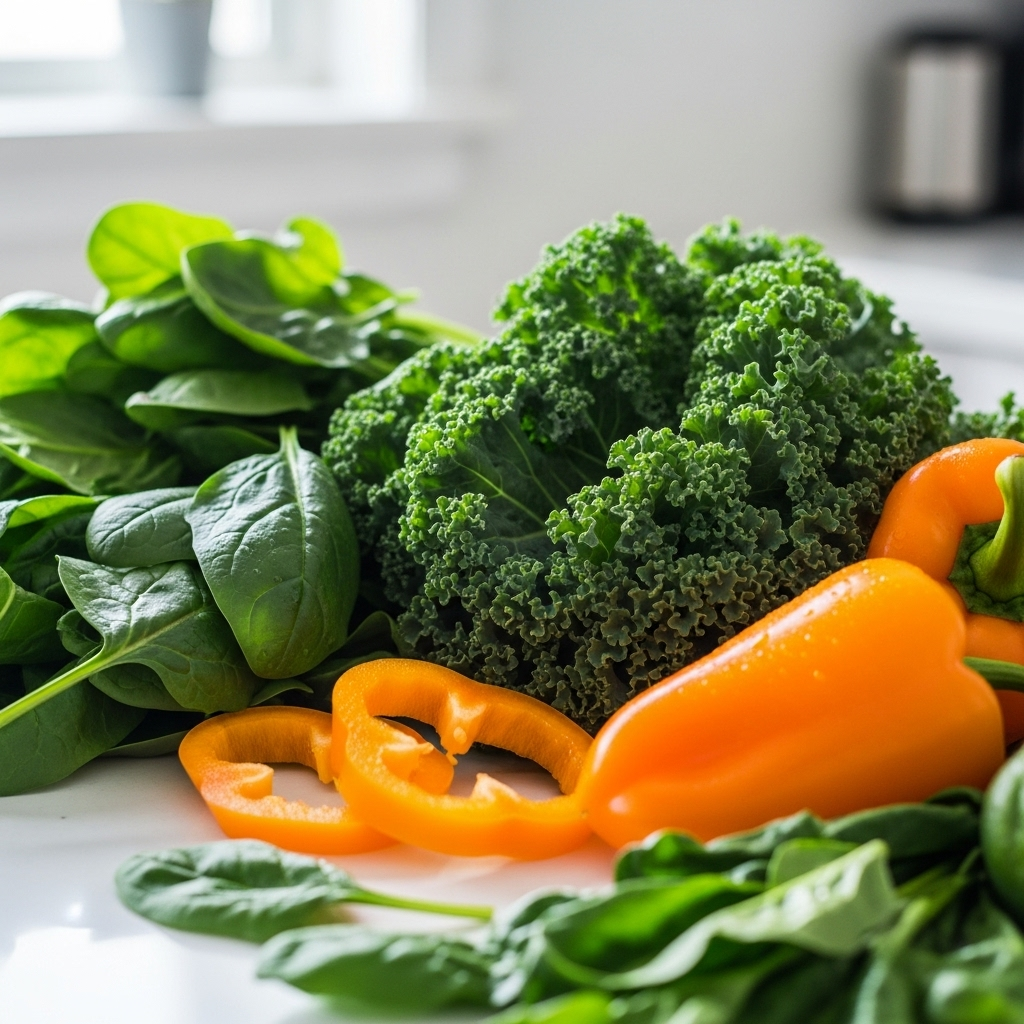 Close-up of vibrant leafy greens and colorful vegetables rich in lutein and zeaxanthin, displayed on a bright kitchen counter with natural morning light streaming through a window. Fresh spinach, kale, and orange bell peppers arranged artfully. Clean, healthy lifestyle photography style. No text.