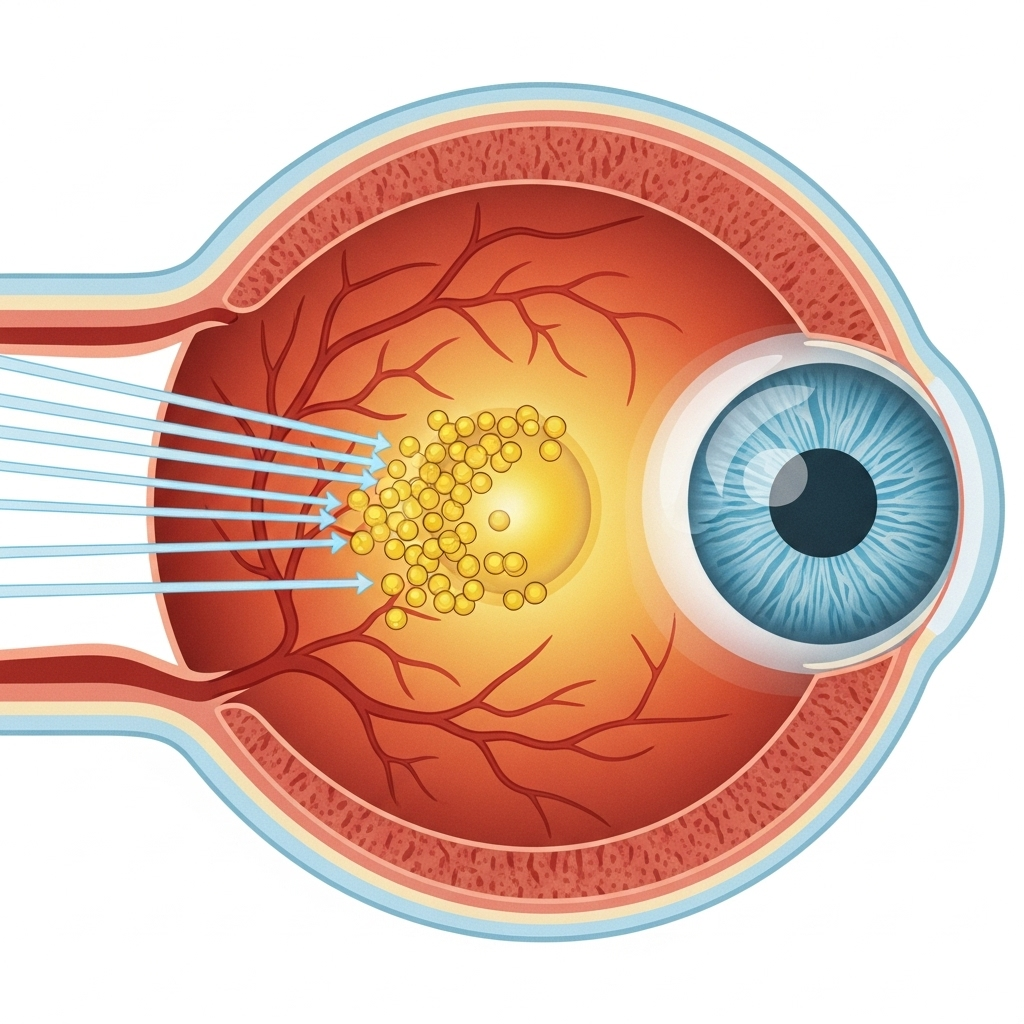 Medical illustration showing a cross-section of the human eye with the macula highlighted in the center, surrounded by protective golden-yellow particles representing lutein and zeaxanthin. Light rays being filtered and blocked. Clean, educational infographic style with soft colors. No text.
