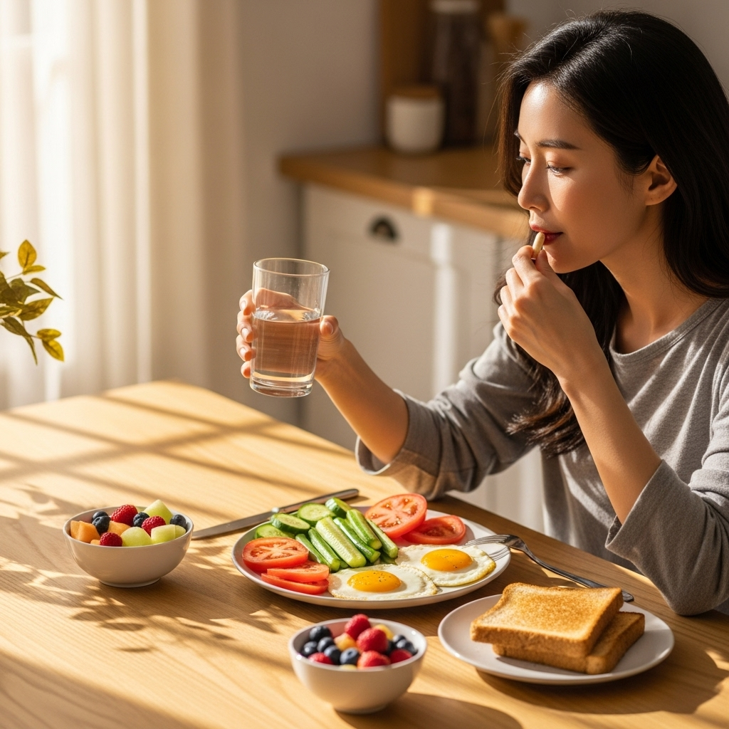 A Korean woman taking a supplement with a balanced breakfast on a bright morning, including vegetables, eggs, and whole grain toast. Sunlight streaming through a kitchen window, warm and inviting atmosphere. Lifestyle photography emphasizing healthy habits. No text.