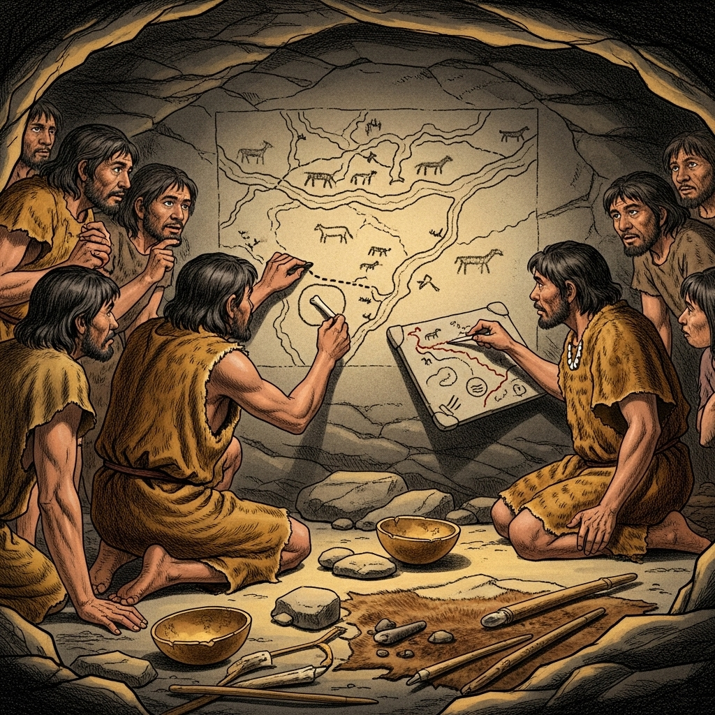An illustration depicting early humans drawing simple maps on cave walls or clay tablets, showing hunting routes and water sources. Focus on primitive tools and a sense of discovery. Style: historical illustration. No text.