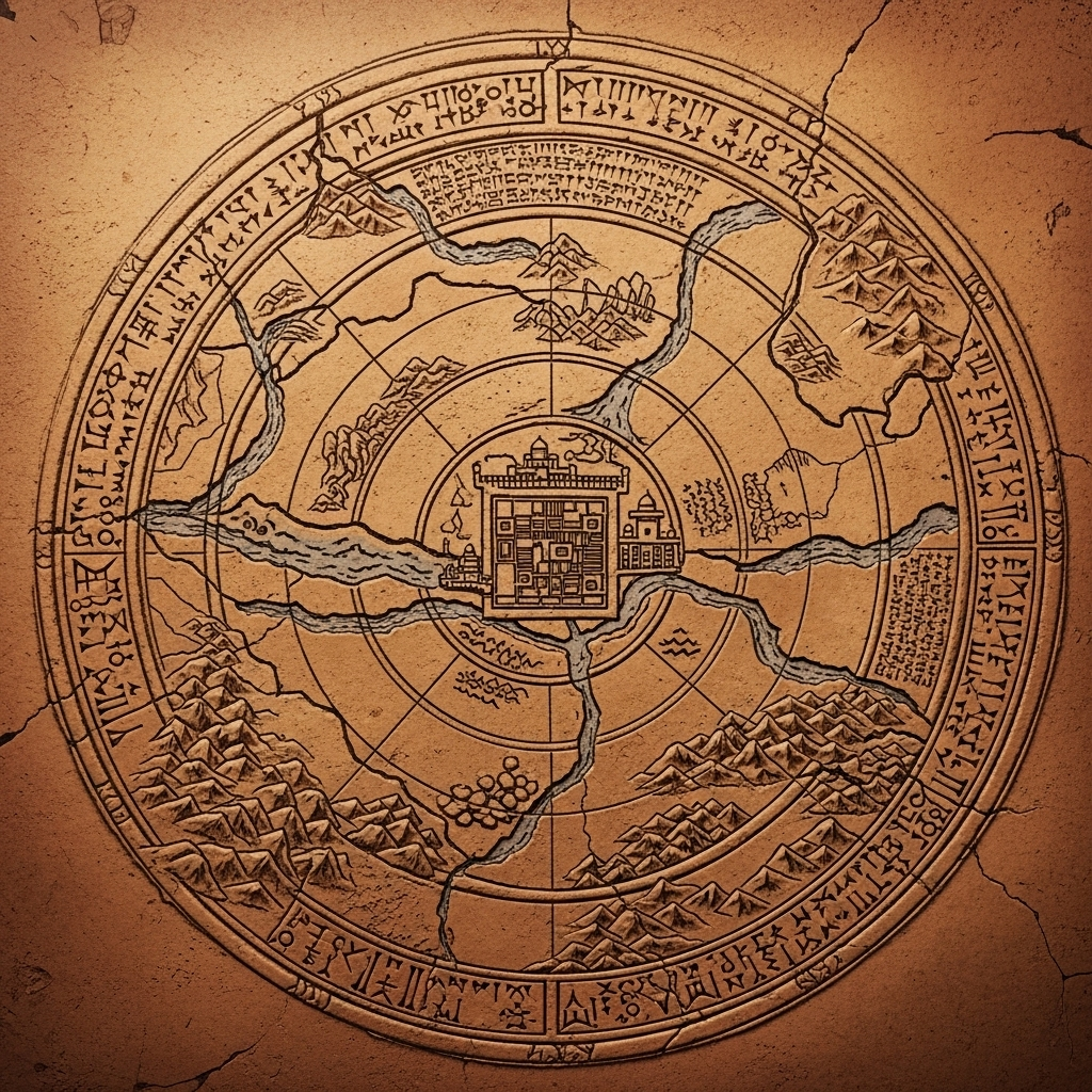 A detailed illustration of the Babylonian World Map (Imago Mundi) on a clay tablet, showing Babylon at the center surrounded by mythical rivers, mountains, and oceans. Cuneiform script visible but not legible as text. Style: historical illustration. No text.