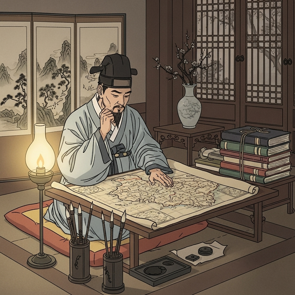 An illustration showing a Joseon Dynasty scholar studying a Cheonhado or Paldochongdo map, with traditional Korean elements in the background. Emphasize the historical and cultural context. Style: historical illustration. No text.